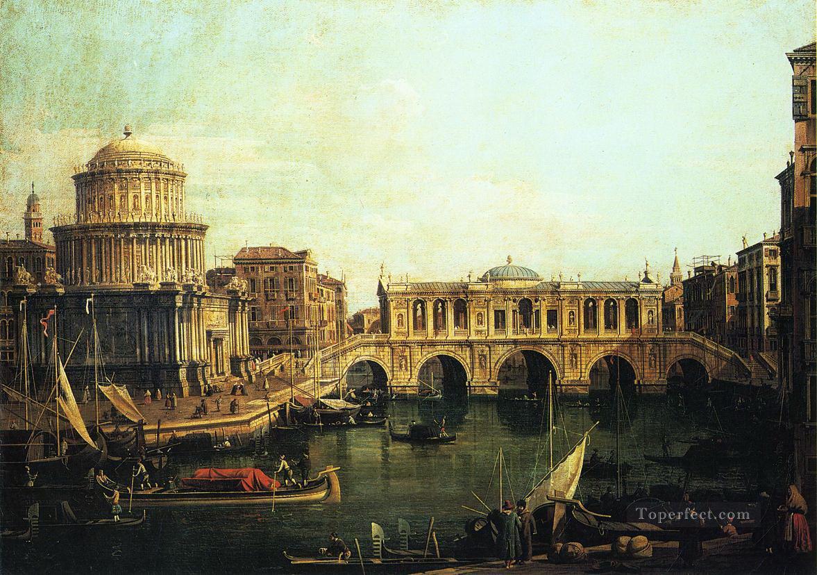 Capriccio del gran canal con un puente de Rialto imaginario y otros edificios Canaletto Venecia Pintura al óleo
